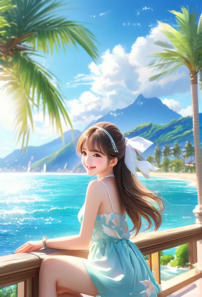 Sparkling sea and tropical ocean, Sunny sky with fluffy white clouds, Palm trees along the coast, Blur the background,Pleasant sea breeze,High school girls,ponytail,smile,Glitter effect,highest quality, 4K, 8K, High resolution, masterpiece:1.2, Very detailed, Realistic:1.37, High resolution, 超High resolution, Ultra-fine painting, Sharp focus, Physically Based Rendering, Very detailed explanation, Professional, Vibrant colors