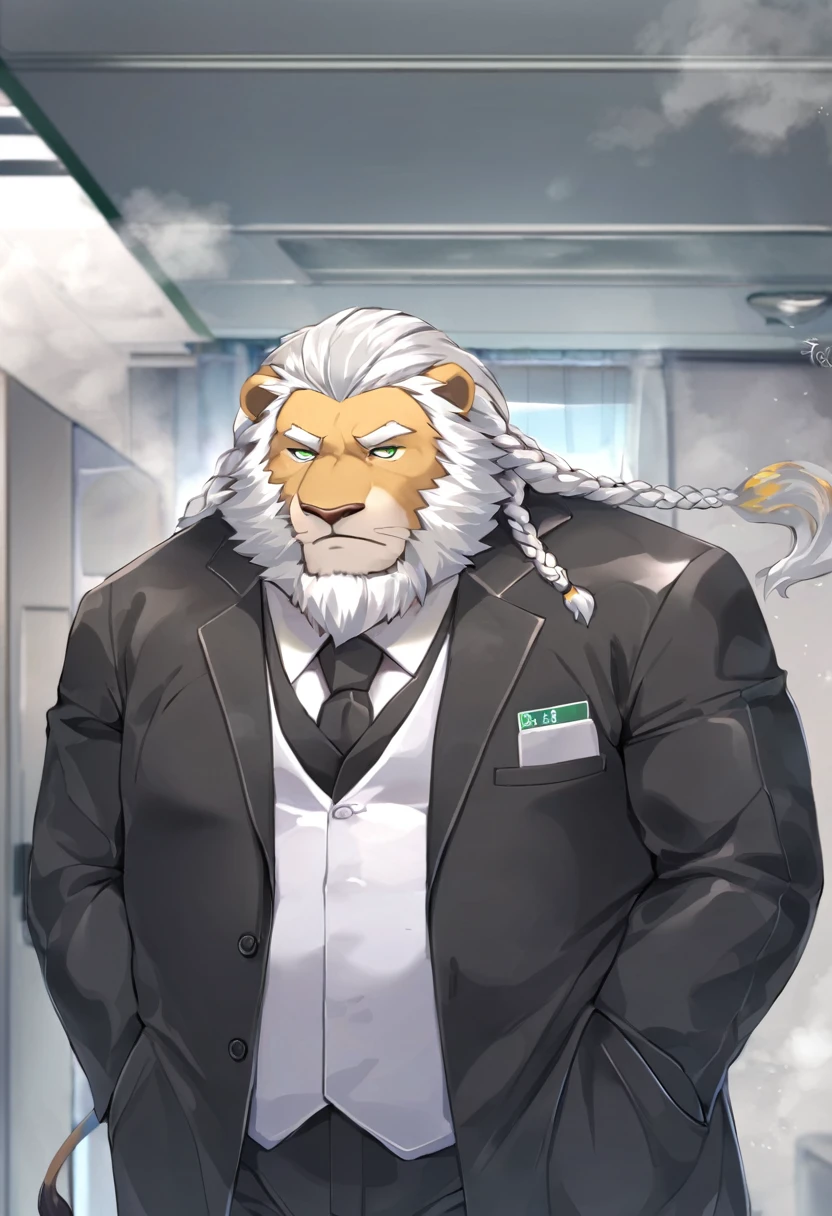 lion,personification,Mature male,Strong Man,White hair,A few braids,White beard,Cold expression,Green pupils,Gray eyebrows,Black suit suit,Hands in pockets,The Age of Steam,Hospital Office。