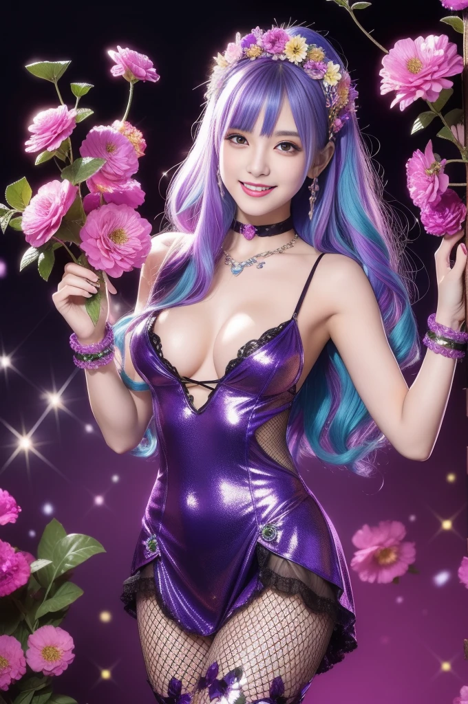 sexy Italian model who controls poison、beautiful smile、lipgloss、intense makeup、look at the camera、full body Esbian、、sparkling poisoned flower costume、、、、shiny sparkling multicolor hair、secrete poison、skull hair accessories、 fishnet tights、shiny sparkling flowers background