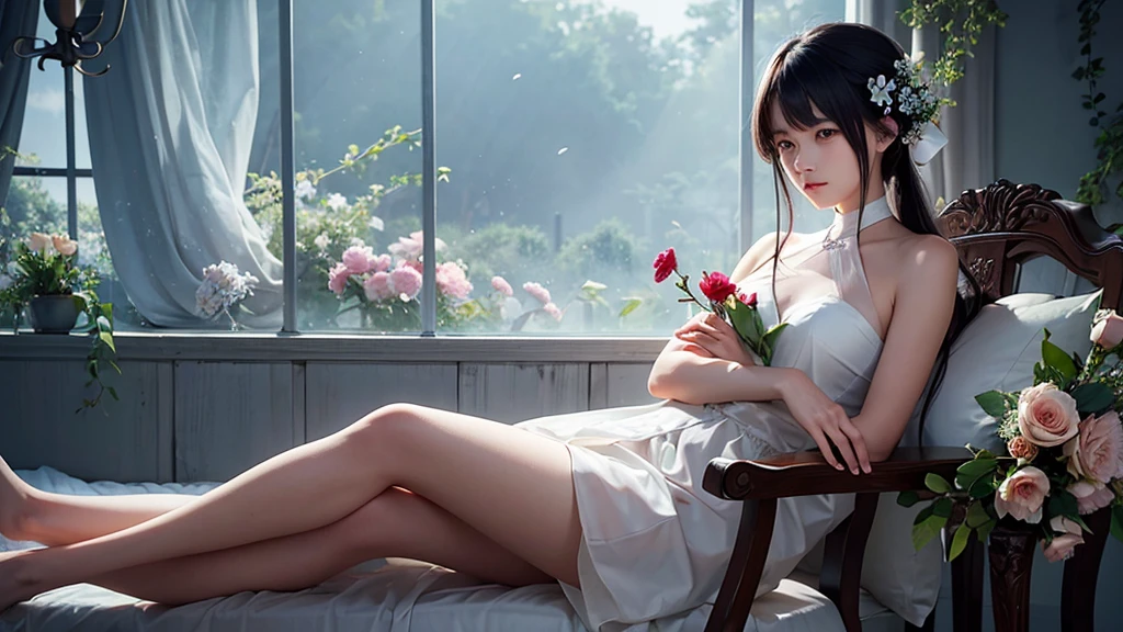 A photo of a beautiful girl sitting on a chair, holding a wilted flower in a sad atmosphere. Her expression is sorrowful, and the setting around her is subdued, with soft, muted colors and gentle lighting that emphasize the melancholic mood. The background is simple and understated, focusing on her and the poignant symbol of the wilted flower.