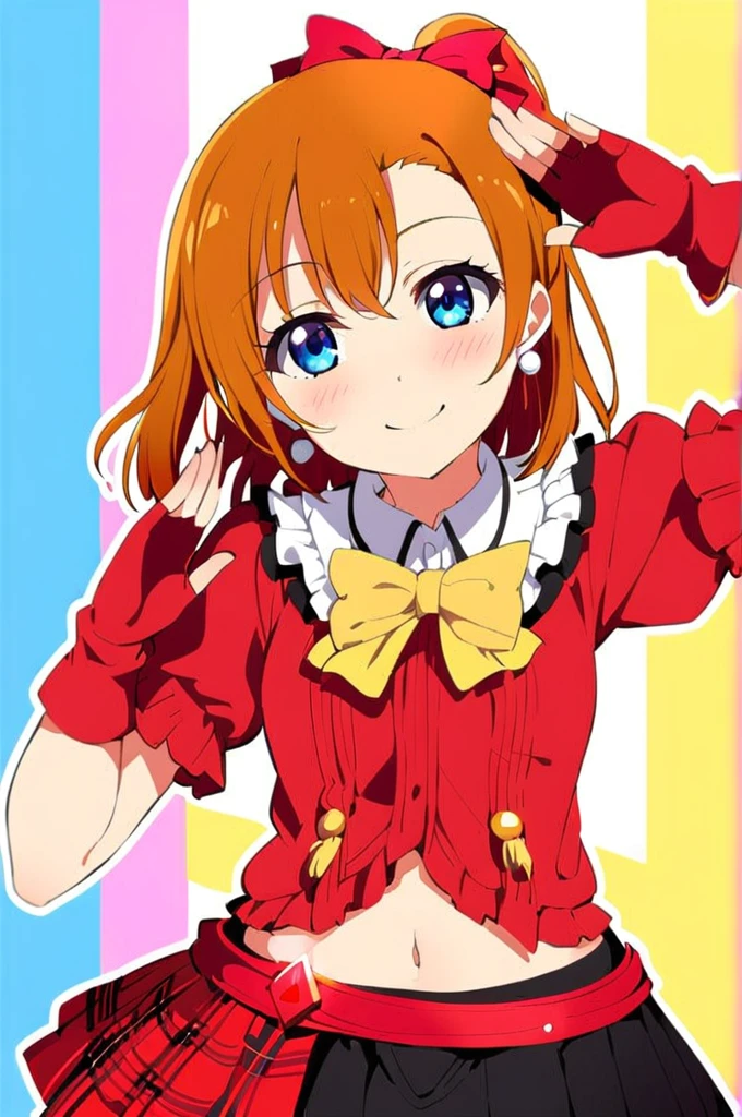 1girl,kousaka honoka,bokura wa ima no naka de,blue eyes,solo,gloves,smile,fingerless gloves,one side up,orange hair,navel,blush,looking at viewer,short hair,bow,red gloves,salute,skirt,jewelry,earrings,
