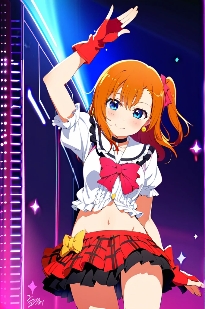 1girl,kousaka honoka,bokura wa ima no naka de,blue eyes,solo,gloves,smile,fingerless gloves,one side up,orange hair,navel,blush,looking at viewer,short hair,bow,red gloves,salute,skirt,jewelry,earrings,