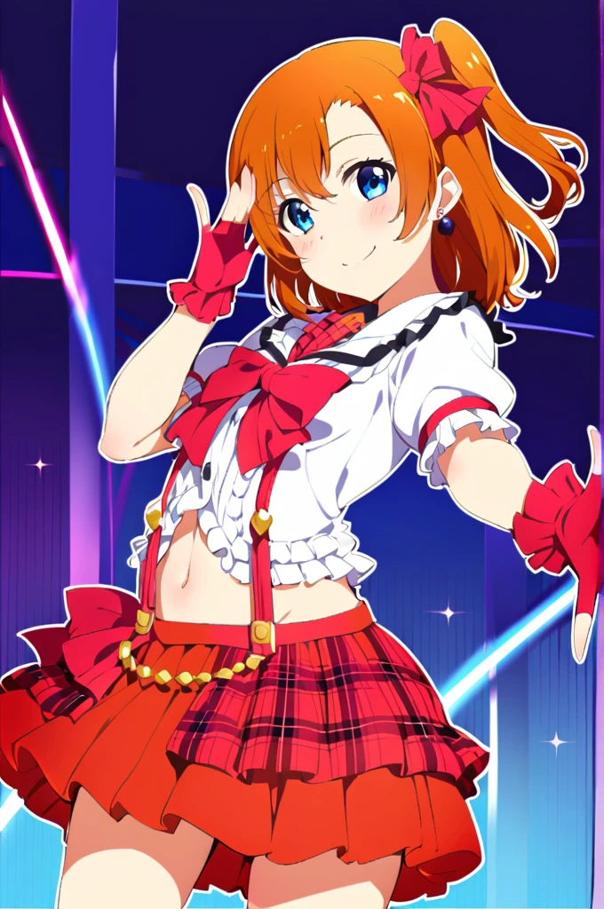 1girl,kousaka honoka,bokura wa ima no naka de,blue eyes,solo,gloves,smile,fingerless gloves,one side up,orange hair,navel,blush,looking at viewer,short hair,bow,red gloves,salute,skirt,jewelry,earrings,