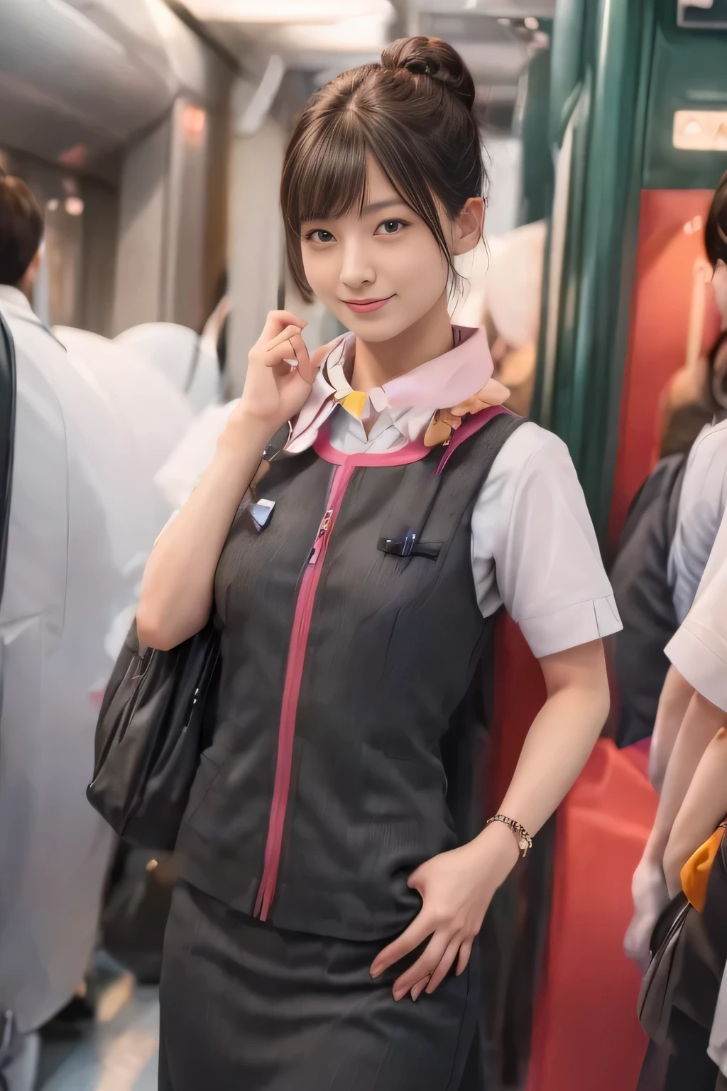 (masterpiece:1.2, Highest quality:1.2), 32k HDR, High resolution, (alone、One girl)、（Ride the bullet train、Professional Lighting）、Background in the car、（Realistic style of JR Gran Class crew uniform）、Short sleeve blouse、a scarf around the neck、（JR Gran Class flight attendant uniform with pink parts on the skirt sleeves）、（The uniform of a flight attendant in JR Gran Class has a pink line on the front zipper of the vest.）、Dark brown hair、（Hair tied up、Hair Bun、Hair Bun）、Dark brown hair、Long Shot、Big Breasts、（（Great hands：2.0）），（（Harmonious body proportions：1.5）），（（Normal limbs：2.0）），（（Normal finger：2.0）），（（Delicate eyes：2.0）），（（Normal eyes：2.0））)、Luxury Necklace、smile、Beautiful standing posture,