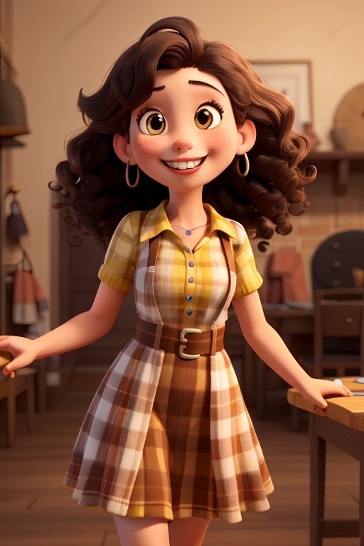  hillbilly, white,dark brown eyes, medium long curly hair, smiling with big lips, with braces on teeth, 
medium yellow and brown plaid dress, with 2 arms
