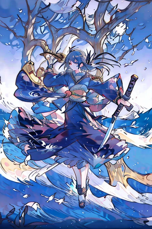 hold a katana, seriously, Serious look ,troubadour, on the sea, burdened with the lute, sing the requiem, wear the kimono