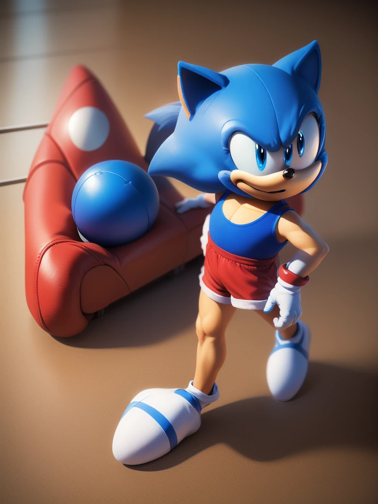 Create a realistic character called Sonic the blue hedgehog with red shoes in battle against the Mario Bros character
