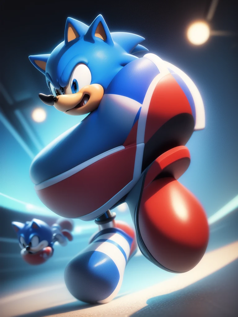 Create a realistic character called Sonic the blue hedgehog with red shoes in battle against the Mario Bros character