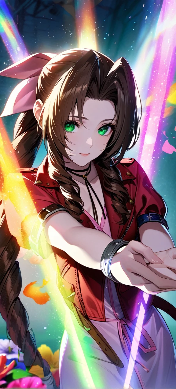 Symetrical,absurdres, highres, ultra detailed, HDR, masterpiece, extremely detailed face and eyes, aerith gainsborough ,final fantasy 7, , , solo, women , beautiful, ,, , beautiful pose scene,colorful flowers effect, colorful lightning effect,glowing glitters, ,colorful flames effect, colorful aura effect, colorful splashing, surrounded by colorful flowers energy