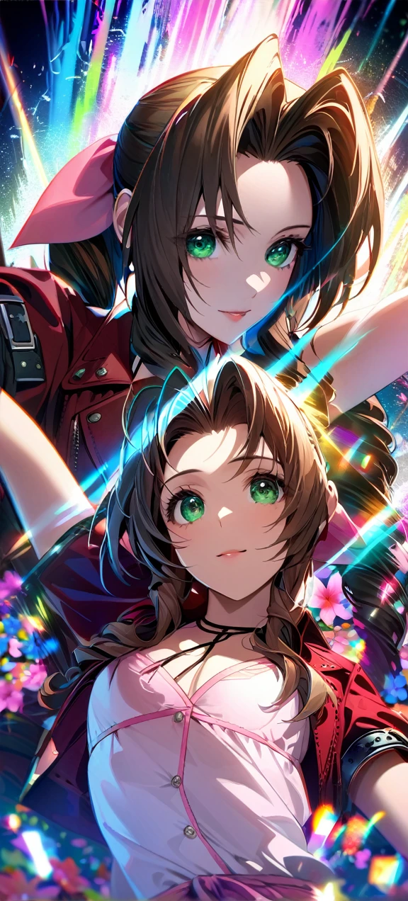 Symetrical,absurdres, highres, ultra detailed, HDR, masterpiece, extremely detailed face and eyes, aerith gainsborough ,final fantasy 7, , , solo, women , beautiful, ,, , beautiful pose scene,colorful flowers effect, colorful lightning effect,glowing glitters, ,colorful flames effect, colorful aura effect, colorful splashing, surrounded by colorful flowers energy