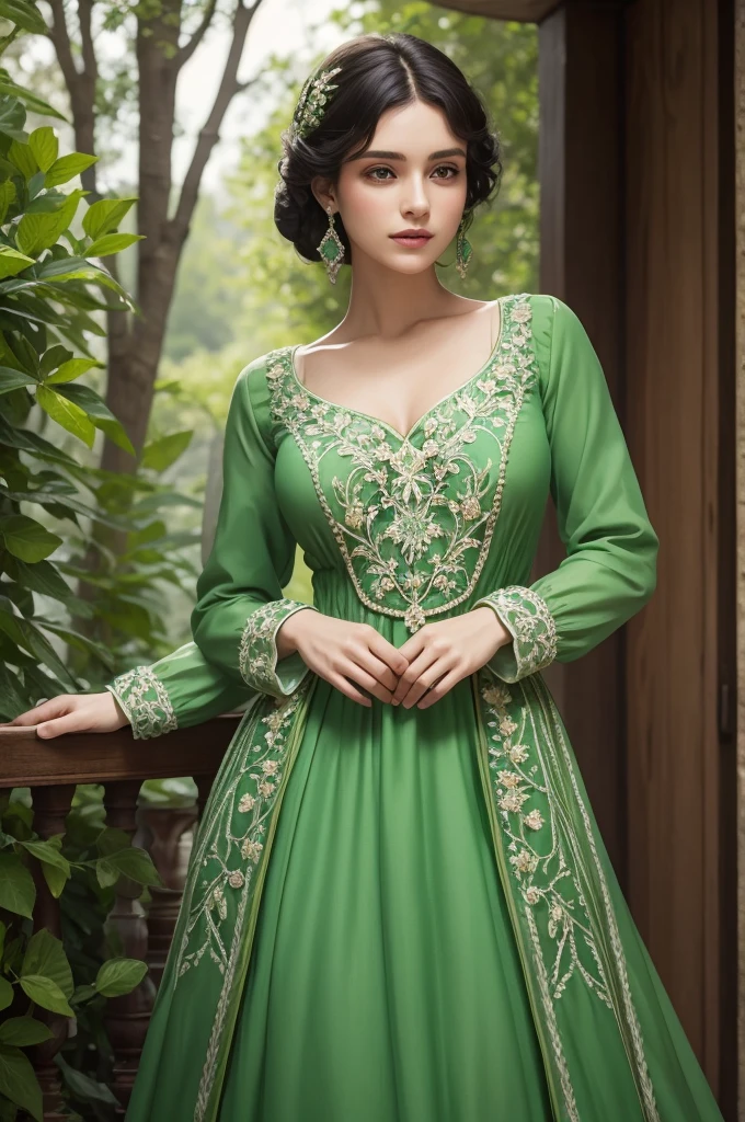 Bright green Regency dress with emerald stones, embroideries, bright and beautiful