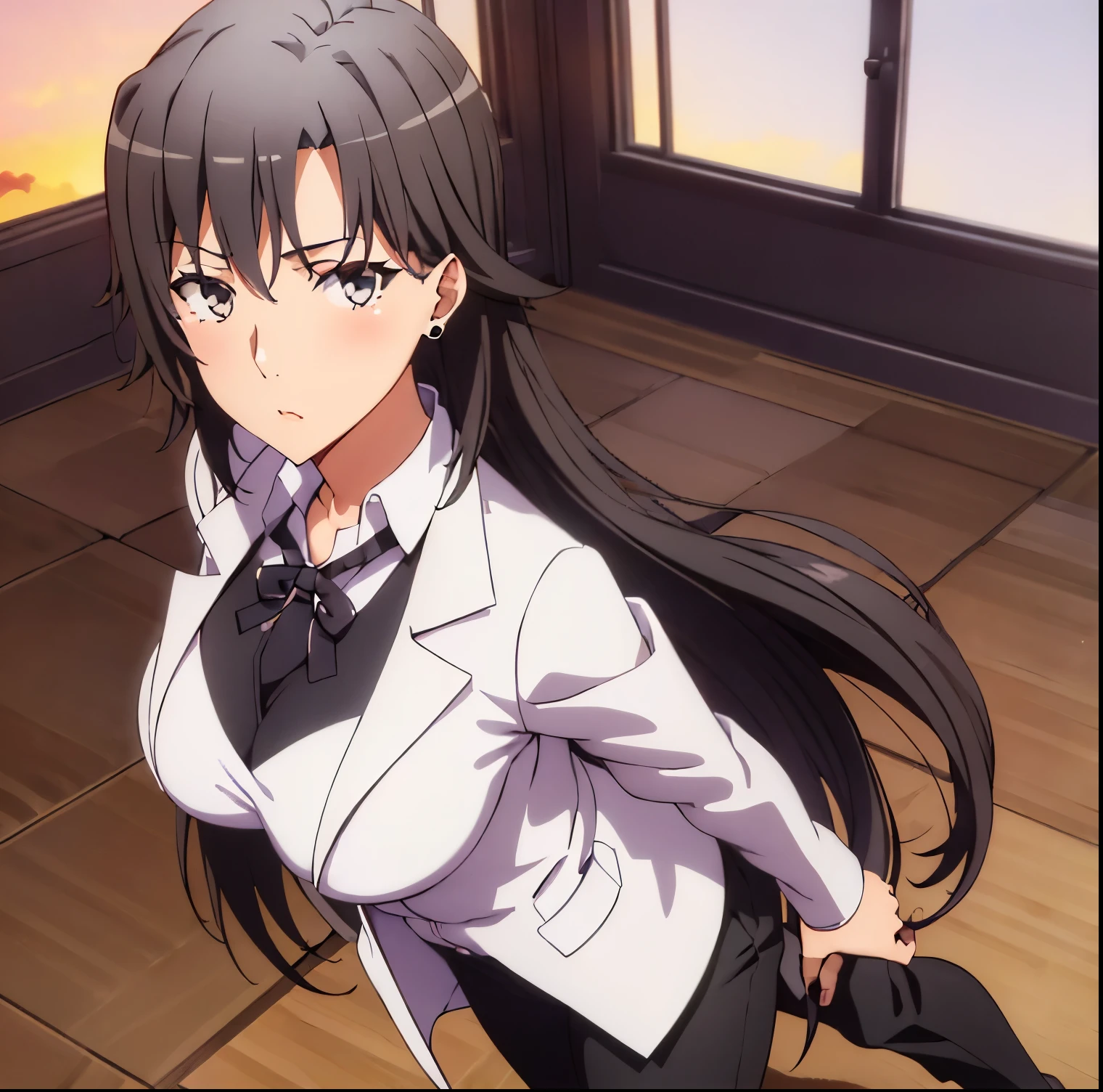 ((1 girl)),((alone)), Shizuka hiratzuka,((Extremely detailed CG unity 4k wallpaper)),(Masterpiece),(ultra quality),(Ultra detailed),(best illustration),( best shadow),(extremely detailed),(absurdities),(detailed background),curvy body,cowboy shot,looking at viewer,dynamic pose,depth of field,large breasts,narrow waist,wide hips,medium thighs,butt round, sweater, black hair, long hair, airy hair, mature, adult woman, blush, gray eyes, beautiful detailed eyes, light skin, soft skin, seductive look, hands on hips,((black pants:1.3, tight pants ,white shirt:1.4,tight shirt,short sleeves,neckline:1.3,lab coat:1.2,belt,black loafers,nail polish)), ((solo)), earrings,(( Standing:1.4, inside, school, office, table, desk, window, sunset)), closed mouth, backlit, looking forward, (( focus on breasts), pov: (from middle), perfect anatomy, perfect hands