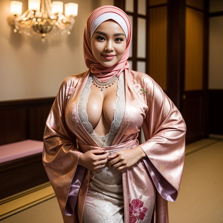 1Woman, 30-Years Old, beautiful Indonesian young woman, wearing hijab, wearing luxurious diamond necklace, wearing kimono, Tight Kimono, curvy body, (big perky breast), Beautiful leg, at wedding ceremony, happy expression, showing her big perky breast, looking at viewer, full body