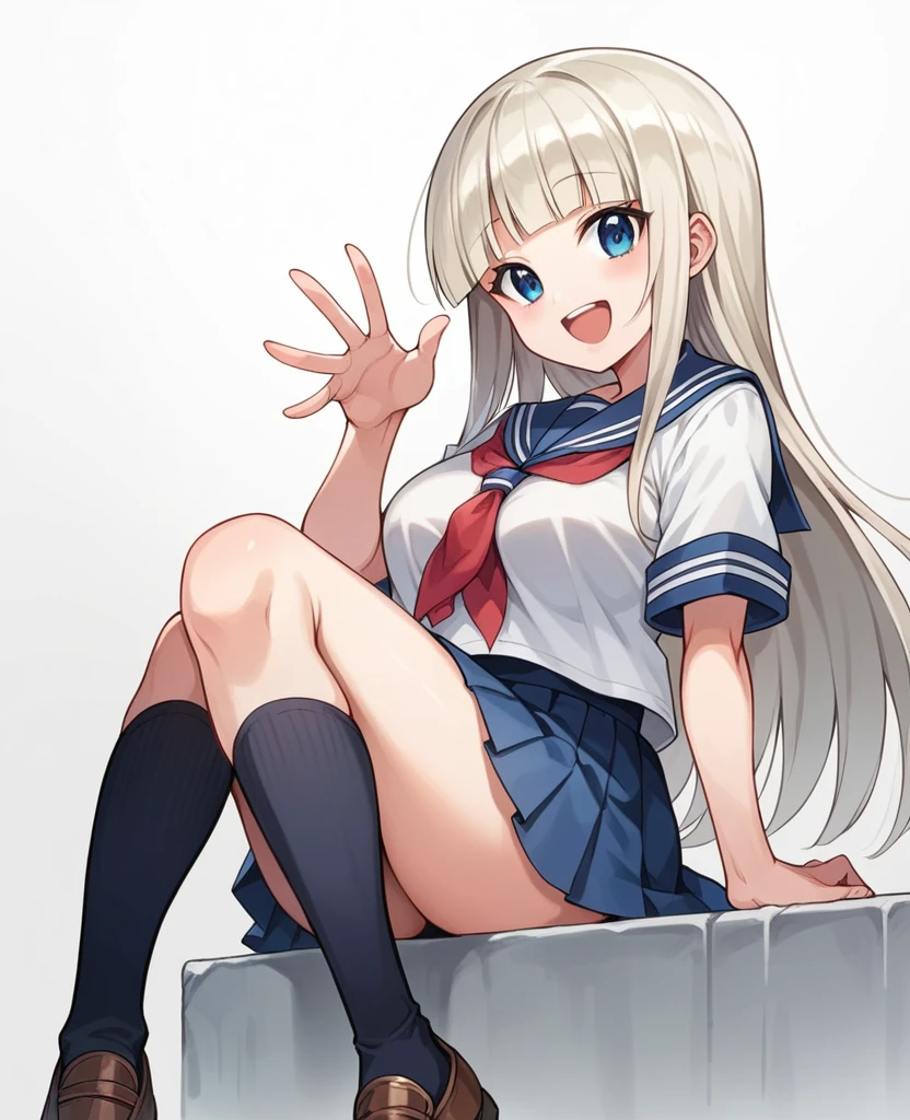 masterpiece, best quality, masterpiece,best quality,official art,extremely detailed CG unity 8k wallpaper, loli, adorable girl, kawaii, mesugaki, platinum blonde hair, hime_cut, cute face, laughing, large breasts, blue eyes, pleated_skirt, serafuku, black kneehighs, uwabaki, crossed_legs,