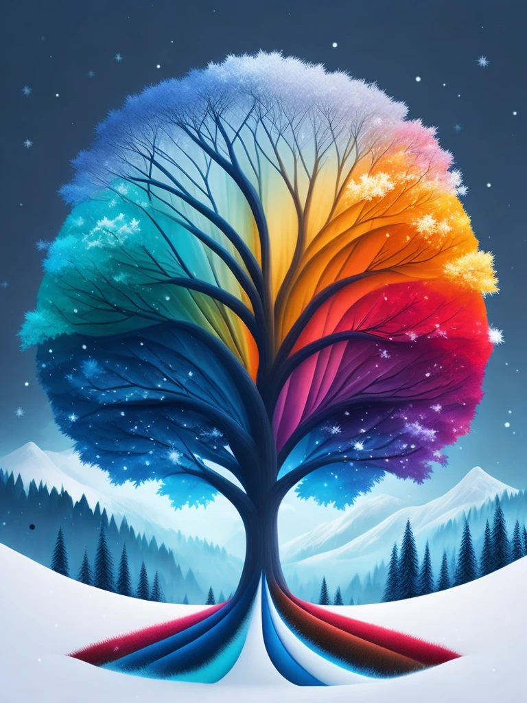 a árbol de colores in a winter landscape, t-shirt design, rzminjourney, until