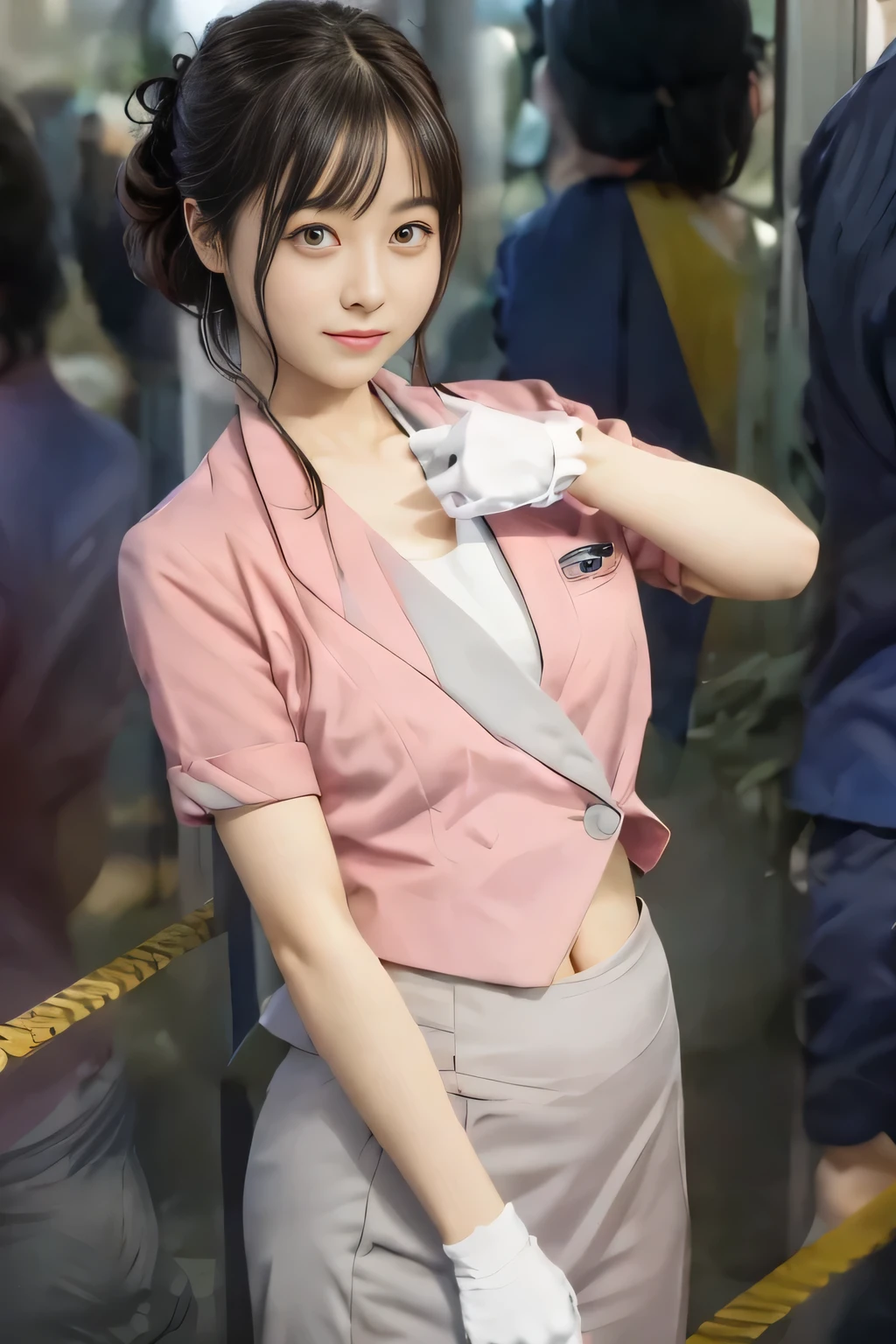 Showing your belly button、(masterpiece:1.2, Highest quality:1.2), 32k HDR, High resolution, (alone、1 girl)、 (Height: 160cm)、（On the rooftop of a building in the daytime、Professional Lighting）、Building rooftop background、（Nankai train crew uniform pinkを着たリアルスタイル）、（Nankai train crew uniform pink short sleeve collarless pink jacket、Nankai Train Crew Uniform Pink Collarless Short Sleeve Blouse、Nankai Train Crew Uniform Pink Grey Knee-length Culottes）、（The pink jacket is showing from the culottes.）、Dark brown hair、（Hair tied up、Hair tied up、Evening curly hairstyle）、Dark brown hair、Long Shot、Big Breasts、Thin legs、（（Great hands：2.0）），（（Harmonious body proportions：1.5）），（（Normal limbs：2.0）），（（Normal finger：2.0）），（（Delicate eyes：2.0）），（（Normal eyes：2.0））)、smile、（Nankai Train Crew Uniform Pink Grey Knee-length Culottesを見せた美しい歩く姿）、Place your hands around your stomach