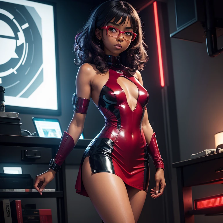 (masterpiece), (best quality), (high res) Solo, (perfect anatomy), (young girl (), ((((dark skin)))), curly purple hair (shoulder length), red eyes, round eyeglasses, (skin tight dress), (red high heels boots), (shirt), (super tight skirt), angry, flat chest in a futuristic setting with a red light, cyberpunk, cyber suit, best anime 4k, cybersuits, in a backstage