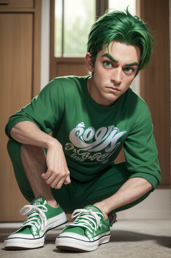 ((best quality)), ((masterpiece)), (detailed), perfect face Disgust 3D cartoon character in amusingly Disney Pixar style, com pele verde, greeneyes, very strong green hair falling on the forehead, green t-shirt, dark pants and all-star style sneakers. snobbish-looking face