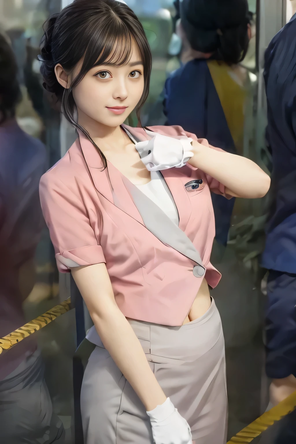 Showing your belly button、(masterpiece:1.2, Highest quality:1.2), 32k HDR, High resolution, (alone、1 girl)、 (Height: 160cm)、（On the rooftop of a building in the daytime、Professional Lighting）、Building rooftop background、（Nankai train crew uniform pinkを着たリアルスタイル）、（Nankai train crew uniform pink short sleeve collarless pink jacket、Nankai Train Crew Uniform Pink Collarless Short Sleeve Blouse、Nankai Train Crew Uniform Pink Grey Knee-length Culottes）、（The pink jacket is showing from the culottes.）、Dark brown hair、（Hair tied up、Hair tied up、Evening curly hairstyle）、Dark brown hair、Long Shot、Big Breasts、Thin legs、（（Great hands：2.0）），（（Harmonious body proportions：1.5）），（（Normal limbs：2.0）），（（Normal finger：2.0）），（（Delicate eyes：2.0）），（（Normal eyes：2.0））)、smile、（Nankai Train Crew Uniform Pink Grey Knee-length Culottesを見せた美しい歩く姿）、Place your hands around your stomach