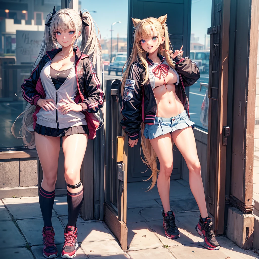 (best quality,8K,high school girl,zippered track jacket,smiling,gravure idol,Model,beautiful girl,down hair,alluring Multiple girls are depicted,uniform,cardigan,blazer,Ribbon on uniform,girl,masterpiece,highest masterpiece,long hair,perfect face,big bust,cleavage,erotic cute,sexy girl),Angelic cute girl,Naughty Girls,Too beautiful girl,Future Fashion,Cutting-edge fashion,Model,Full body image,perfection,Colorful,High-dimensional beautiful girl,Multidimensional beautiful girl,A beautiful girl of the future