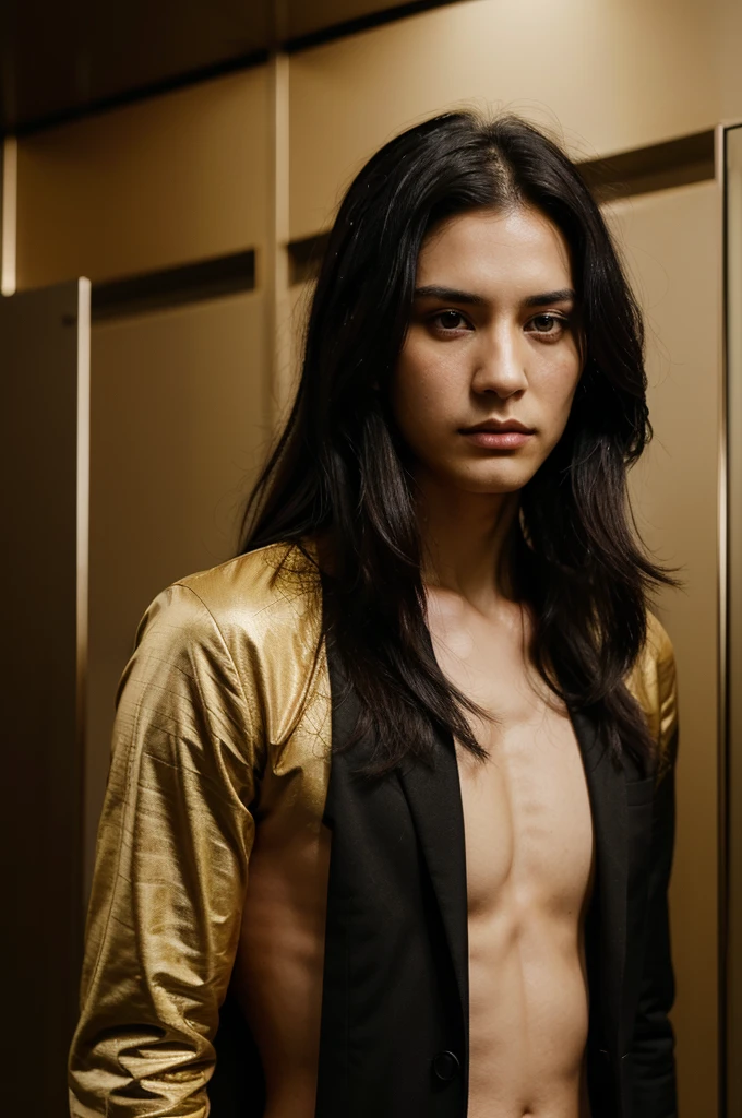 A 27 year old man, black hair, eyes the color of honey, with elegant black suit. intimidating look.