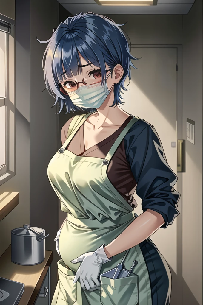 ((masterpiece, best quality, high quality)),1girl,  pregnant, (hospital), infirmary,   (doctor_apron, apron, mask, gloves, surgical mask,scrubs), (1girl, 3dcg 03, aya miiko, blue hair, blunt bangs, bob cut, large breasts, medium breasts, red eyes, semi-rimless eyewear, short hair, sidelocks),