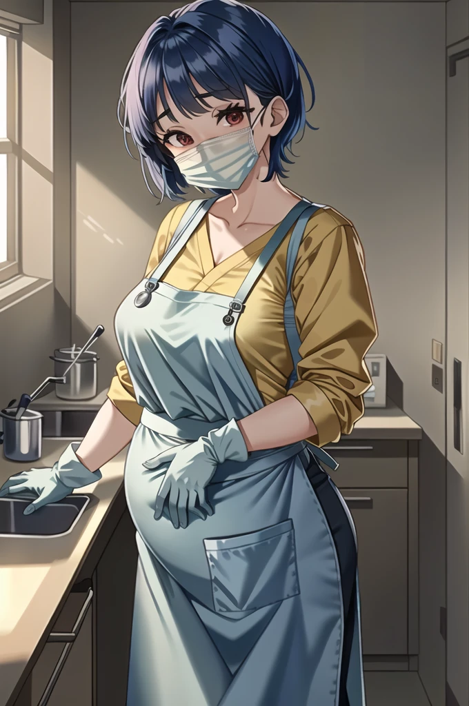 ((masterpiece, best quality, high quality)),1girl,  pregnant, (hospital), infirmary,   (doctor_apron, apron, mask, gloves, surgical mask,scrubs), (1girl, 3dcg 03, aya miiko, blue hair, blunt bangs, bob cut, large breasts, medium breasts, red eyes, semi-rimless eyewear, short hair, sidelocks),