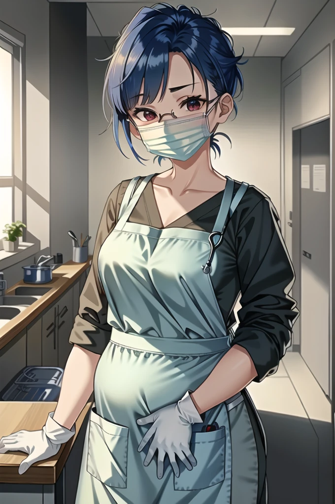 ((masterpiece, best quality, high quality)),1girl,  pregnant, (hospital), infirmary,   (doctor_apron, apron, mask, gloves, surgical mask,scrubs), (1girl, 3dcg 03, aya miiko, blue hair, blunt bangs, bob cut, large breasts, medium breasts, red eyes, semi-rimless eyewear, short hair, sidelocks),