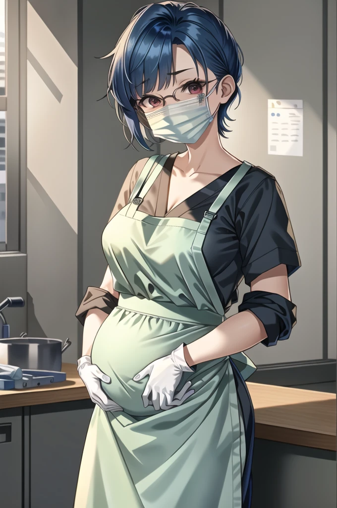 ((masterpiece, best quality, high quality)),1girl,  pregnant, (hospital), infirmary,   (doctor_apron, apron, mask, gloves, surgical mask,scrubs), (1girl, 3dcg 03, aya miiko, blue hair, blunt bangs, bob cut, large breasts, medium breasts, red eyes, semi-rimless eyewear, short hair, sidelocks),