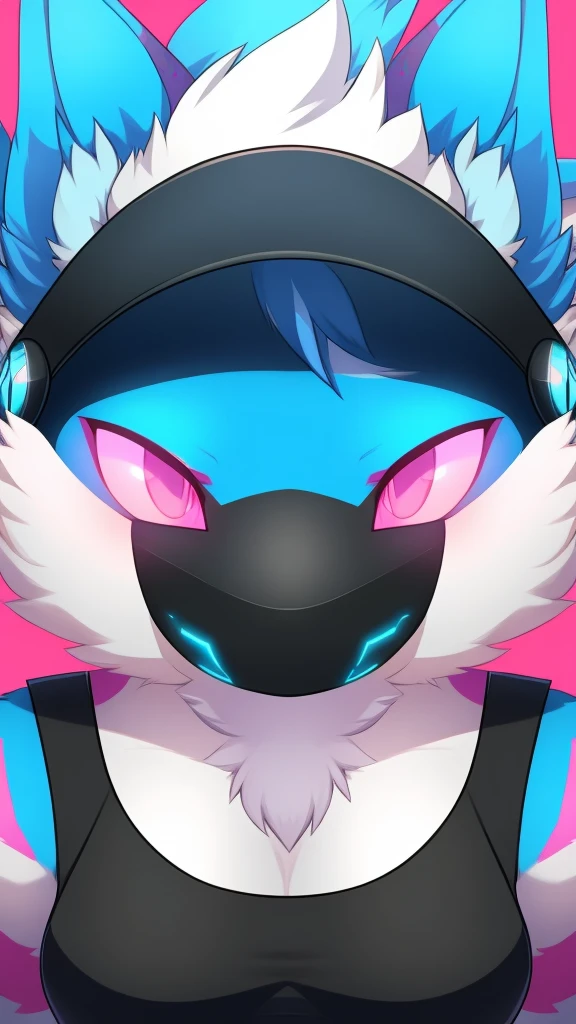 Furry wolf female protogen anthropomorphic white fur pink eyes blue ears wearing a black tank top headshot view