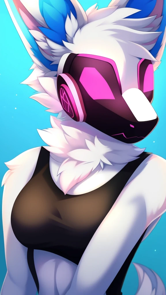 Furry protogen female anthropomorphic white fur pink eyes blue ears wearing a black tank top medium breast size headshot view 