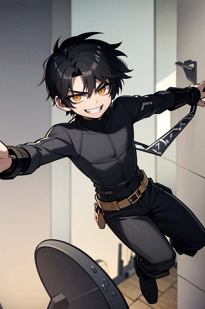 boy with confident look intimidating smile, in over all black clothes brown eyes straight black hair with an iron arm and a black and white mask on half of the face