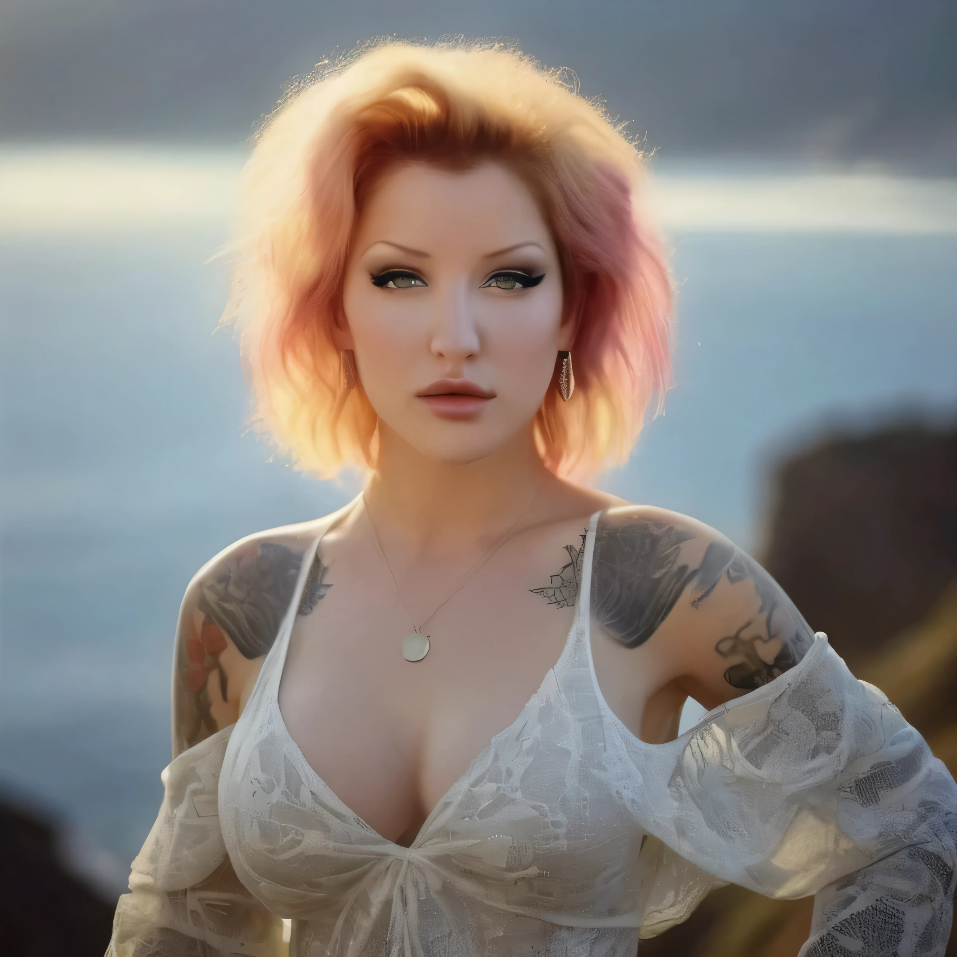 cyndi lauper 1980s, (sharp focus:1.2), photo, attractive young woman, (beautiful face:1.1), detailed eyes, luscious lips, (smokey eye makeup:0.85), (medium breasts:1.0), (athletic body:1.2), (wavy hair:1.2), wearing (maxi dress:1.2) on a (cliffside:1.2). (moody lighting:1.2), depth of field, bokeh, 4K, HDR. by (James C. Christensen:1.2|Jeremy Lipking:1.1).