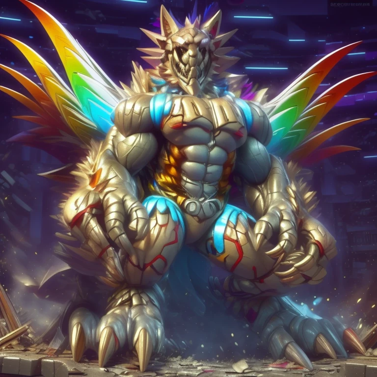 (masterpiece. official art. 8k. best quality. detailed full body. full body.)

(situation 1 : dominating The Phoenix Wolf. The Phoenix Wolf is over 1000 meters long. focus giant mechanical Muscular The Phoenix Wolf is trampling the car. Looking down.)

(situation 2 :smoke and flames rising from the destruction in the city)

(Additional details 1: Wearing golden Armor. Cape. Helmet. real texture material. whole body shines like metal. emphasizes the muscles. suit fully made of metal. Robotic suit. no face.).

(Additional details 1.5: The arms are golden. The lower half of the body is golden. The wolf-shaped helmet has sharp fangs. The whole body is golden. The chest area is also golden. There is a ring above the head.).

(Additional details 2: Detailed head. Detailed Body. Detailed abs. gigantic muscles. HYPER MUSCLES. Gigachad Muscular. big muscle. pecs. triceps. traps. unusually developed muscular body. body full of huge muscles. showing off muscles. pectorales enormes. Exaggeratedly huge muscles. huge muscles. long legs.).

(Additional details 3: Spread wings. It has wings. The claws are sharp. Sharp teeth.). He is laughing defiantly. The claws are sharp. Sharp teeth.). 

(Additional details 3.5 : nj5furry,  He is laughing defiantly. medieval armor.). 