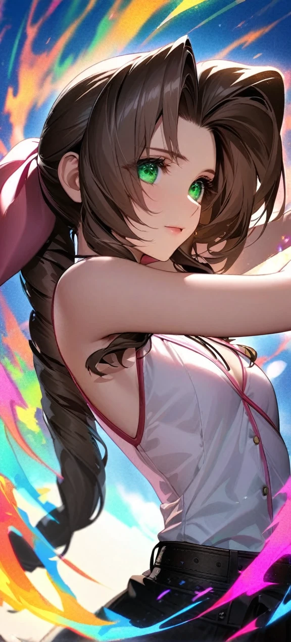 Symetrical,absurdres, highres, ultra detailed, HDR, masterpiece, extremely detailed face and eyes, aerith gainsborough ,final fantasy 7, , , solo, women , beautiful, ,, , beautiful pose scene,colorful flowers effect, colorful lightning effect,glowing glitters, ,colorful flames effect, colorful aura effect, colorful splashing, surrounded by colorful flowers energy