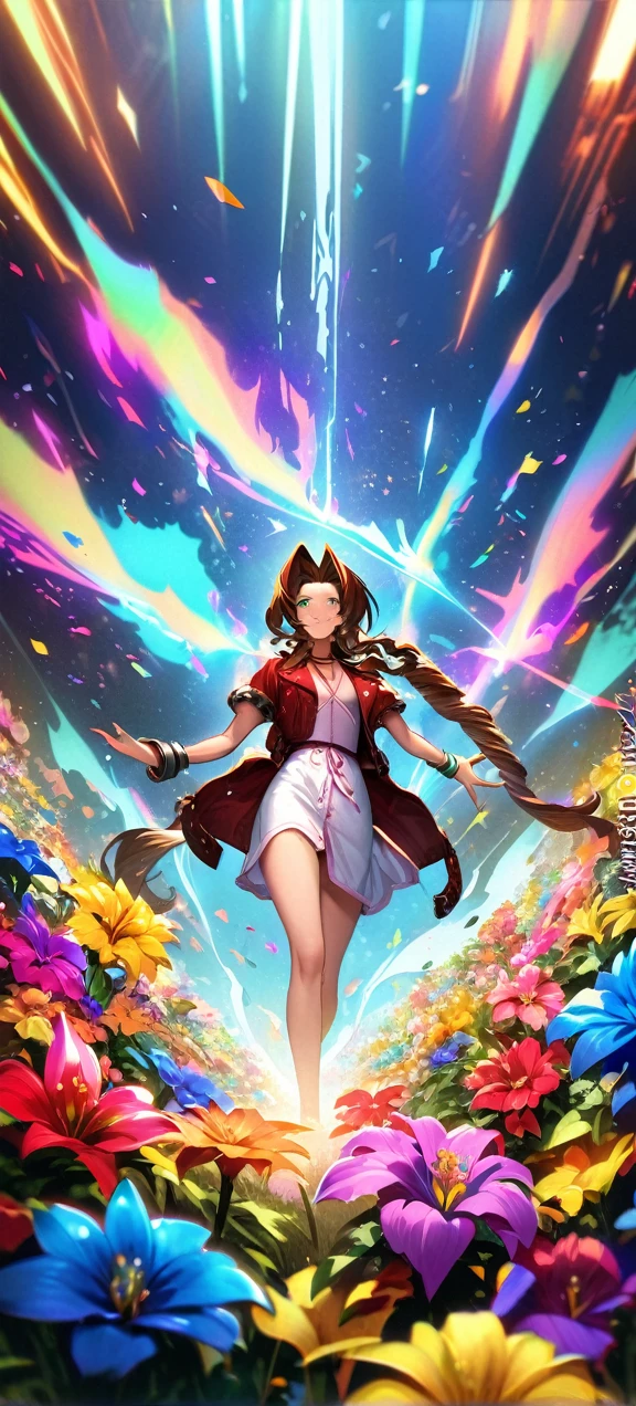 Symetrical,absurdres, highres, ultra detailed, HDR, masterpiece, extremely detailed face and eyes, aerith gainsborough ,final fantasy 7, , , solo, women , beautiful, ,, , beautiful pose scene,colorful flowers effect, colorful lightning effect,glowing glitters, ,colorful flames effect, colorful aura effect, colorful splashing, surrounded by colorful flowers energy