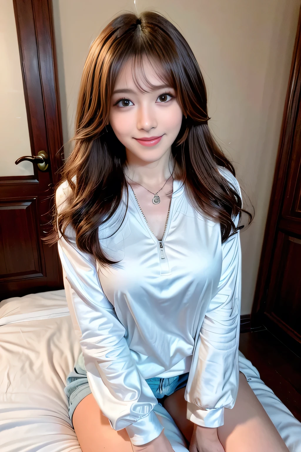 seed;88117315,((Full Body Angle))、((Front hair:1.3))、((Highest quality, 8K, masterpiece: 1.3)), concentrated: 1.2, Cute girl 1,Nipples erect、 Perfect beauty: 1.4,T-Shirts、Shorts、pajamas: 1.2,Long sleeve、Randall Color、comics&Text Graphics、Black ruffle-trimmed drawstring zip blouse,1.1, Highly detailed face and skin textures, Fine grain, double eyelid, whitening skin, ,Highest quality,Ultra-high resolution,you,1 girl,alone,_Shiny_skin,Iris,necklace,((brown_length_Wavy_hair)),(lips)),eyelash,Front hair,deal with,compensate,Shiny,pore,skin,Large Breasts、((smiling face))、living、