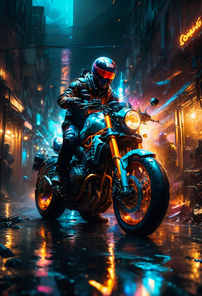 Motorcycle, rider, full body, by Chris Cold, dramatic composition, cinematic dynamic action scene, vibrant colors, cinematic lighting, dramatic lighting, best quality, masterpiece, very aesthetic, perfect composition, intricate details, ultra-detailed