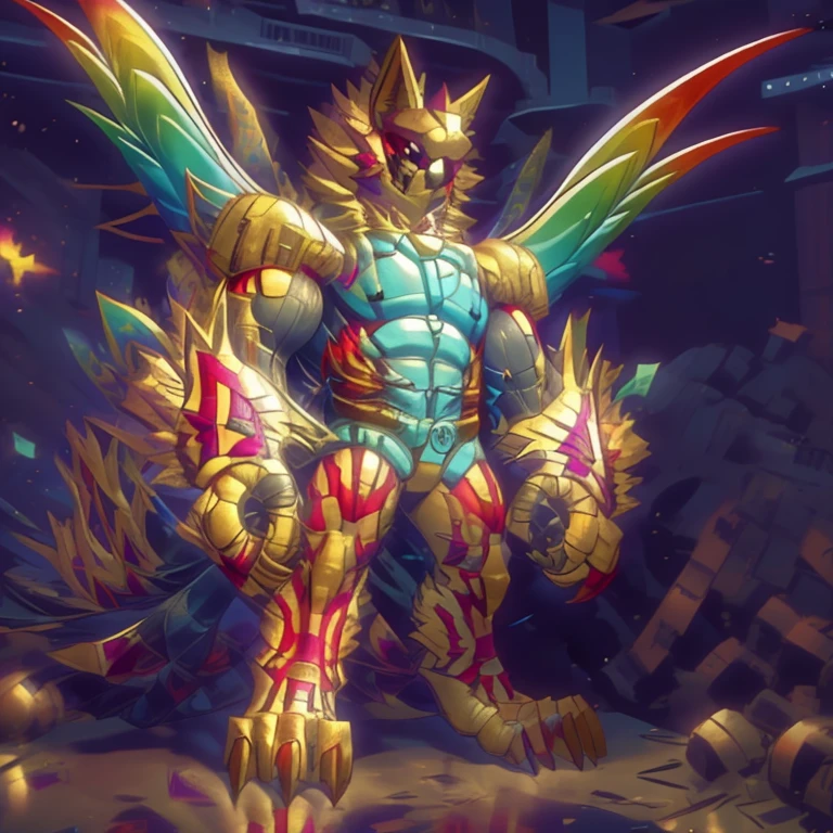 (masterpiece. official art. 8k. best quality. detailed full body. full body.)
(situation 1 : dominating The Phoenix Wolf. The Phoenix Wolf is over 1000 meters long. focus giant mechanical Muscular The Phoenix Wolf is trampling the car. Looking down.)
(situation 2 :smoke and flames rising from the destruction in the city)
(Additional details 1: Wearing golden Armor. Cape. Helmet. real texture material. whole body shines like metal. emphasizes the muscles. suit fully made of metal. Robotic suit. no face.).
(Additional details 1.5: The arms are golden. The lower half of the body is golden. The wolf-shaped helmet has sharp fangs. The whole body is golden. The chest area is also golden. There is a ring above the head.).
(Additional details 2: Detailed head. Detailed Body. Detailed abs. gigantic muscles. HYPER MUSCLES. Gigachad Muscular. big muscle. pecs. triceps. traps. unusually developed muscular body. body full of huge muscles. showing off muscles. pectorales enormes. Exaggeratedly huge muscles. huge muscles. long legs.).
(Additional details 3: Spread wings. It has wings. The claws are sharp. Sharp teeth.). He is laughing defiantly. The claws are sharp. Sharp teeth.).
(Additional details 3.5 : nj5furry, He is laughing defiantly. medieval armor.).