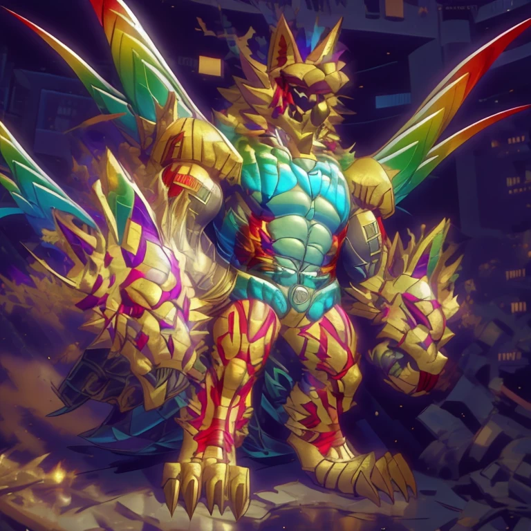 (masterpiece. official art. 8k. best quality. detailed full body. full body.)

(situation 1 : dominating The Phoenix Wolf. The Phoenix Wolf is over 1000 meters long. focus giant mechanical Muscular The Phoenix Wolf is trampling the car. Looking down.)

(situation 2 :smoke and flames rising from the destruction in the city)

(Additional details 1: Wearing golden Armor. Cape. Helmet. real texture material. whole body shines like metal. emphasizes the muscles. suit fully made of metal. Robotic suit. no face.).

(Additional details 1.5: The arms are golden. The lower half of the body is golden. The wolf-shaped helmet has sharp fangs. The whole body is golden. The chest area is also golden. There is a ring above the head.).

(Additional details 2: Detailed head. Detailed Body. Detailed abs. gigantic muscles. HYPER MUSCLES. Gigachad Muscular. big muscle. pecs. triceps. traps. unusually developed muscular body. body full of huge muscles. showing off muscles. pectorales enormes. Exaggeratedly huge muscles. huge muscles. long legs.).

(Additional details 3: Spread wings. It has wings. The claws are sharp. Sharp teeth.). He is laughing defiantly. The claws are sharp. Sharp teeth.). 

(Additional details 3.5 : nj5furry,  He is laughing defiantly. medieval armor.). 