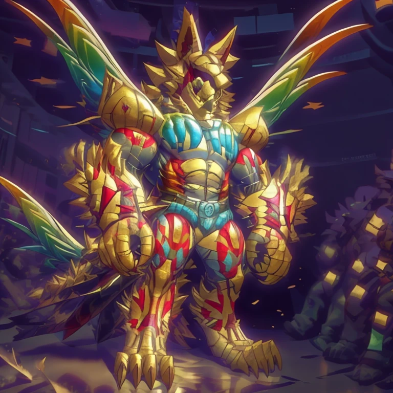 (masterpiece. official art. 8k. best quality. detailed full body. full body.)
(situation 1 : dominating The Phoenix Wolf. The Phoenix Wolf is over 1000 meters long. focus giant mechanical Muscular The Phoenix Wolf is trampling the car. Looking down.)
(situation 2 :smoke and flames rising from the destruction in the city)
(Additional details 1: Wearing golden Armor. Cape. Helmet. real texture material. whole body shines like metal. emphasizes the muscles. suit fully made of metal. Robotic suit. no face.).
(Additional details 1.5: The arms are golden. The lower half of the body is golden. The wolf-shaped helmet has sharp fangs. The whole body is golden. The chest area is also golden. There is a ring above the head.).
(Additional details 2: Detailed head. Detailed Body. Detailed abs. gigantic muscles. HYPER MUSCLES. Gigachad Muscular. big muscle. pecs. triceps. traps. unusually developed muscular body. body full of huge muscles. showing off muscles. pectorales enormes. Exaggeratedly huge muscles. huge muscles. long legs.).
(Additional details 3: Spread wings. It has wings. The claws are sharp. Sharp teeth.). He is laughing defiantly. The claws are sharp. Sharp teeth.).
(Additional details 3.5 : nj5furry, He is laughing defiantly. medieval armor.).