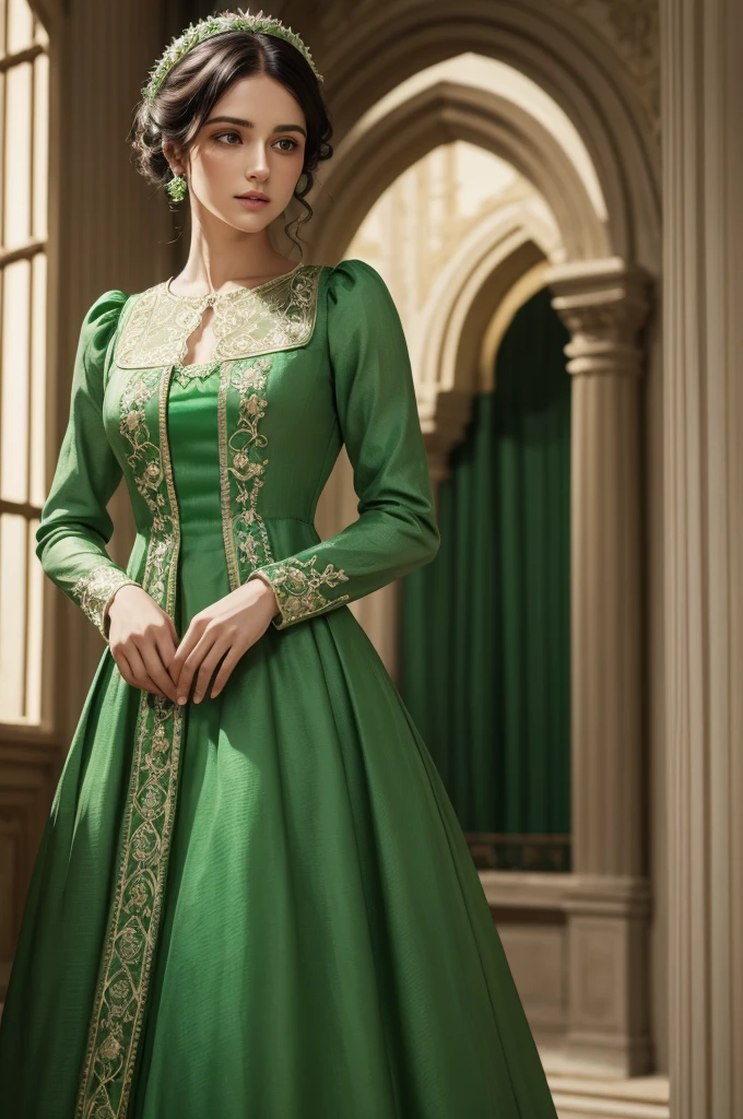 Bright green Regency dress with emerald stones, embroideries, bright and beautiful