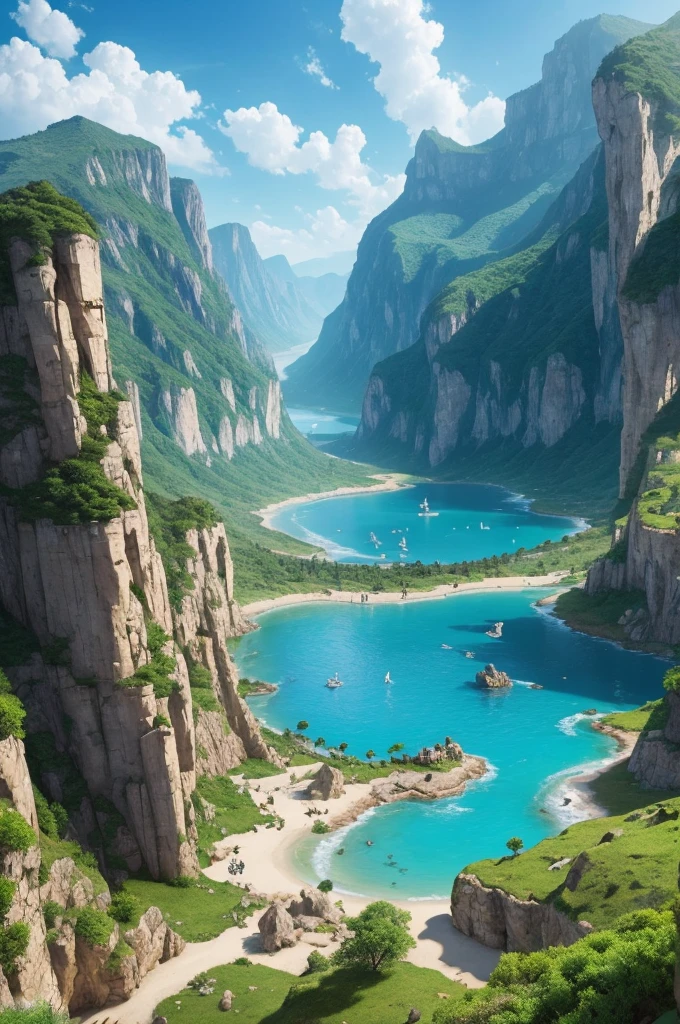 Create the prehistoric valley, a region where there are several dinosaurs, flying creatures in an aquatic environment with sea creatures with reliefs and everything