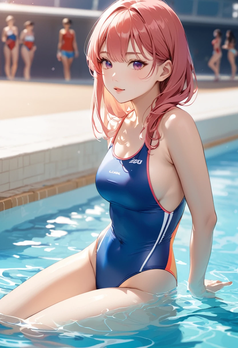 Highest quality、High resolution、Detailed Background、Beautiful girl in her 20s、Cute hair colors、Sexy competition swimwear、Perfect body line、Olympic、Swimmers compete in a variety of styles in the pool