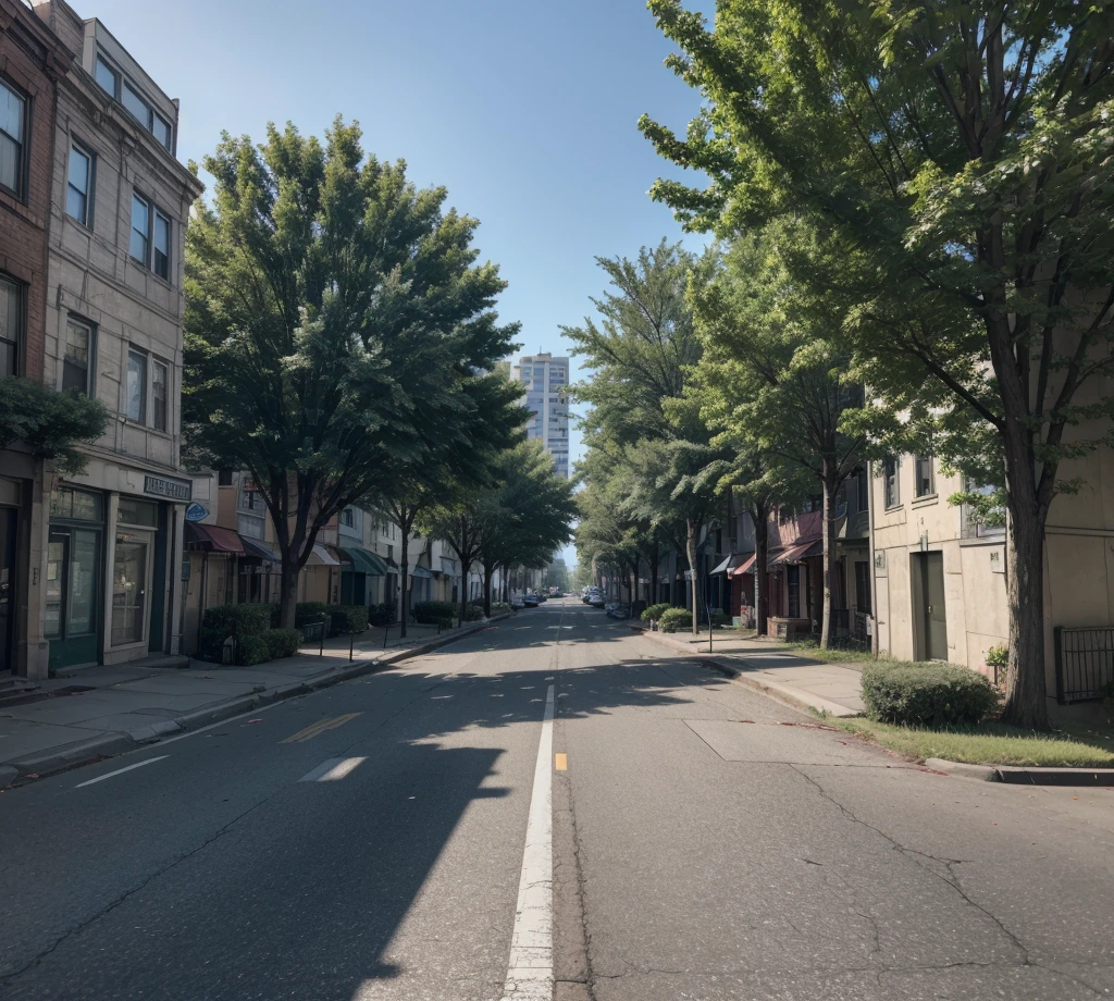 ((best qualityer)), (detailded), a central avenue in the center of the image, on the sides of buildings and houses, some trees on the sidewalk, ((no vehicles present)), Zombies Attack, Light-skinned zombies