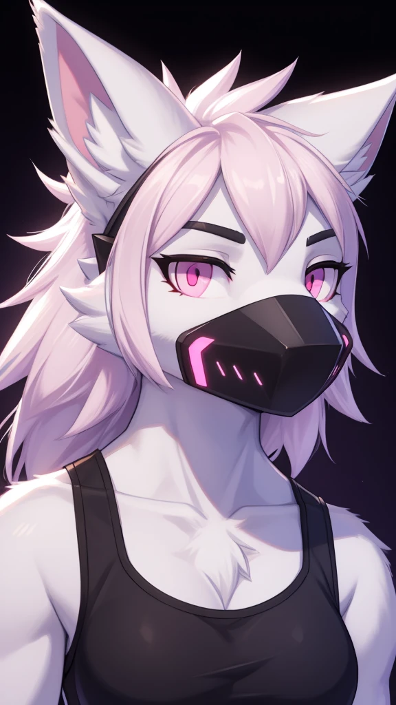 Furry wolf female protogen anthropomorphic white fur pink eyes blue ears wearing a black tank top headshot view