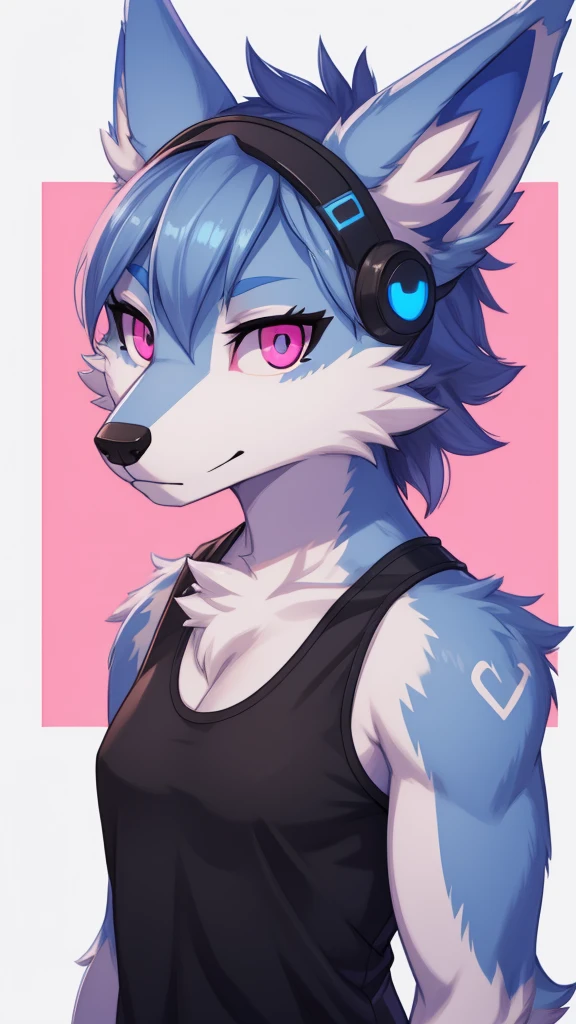 Furry wolf female protogen anthropomorphic white fur pink eyes blue ears wearing a black tank top headshot view