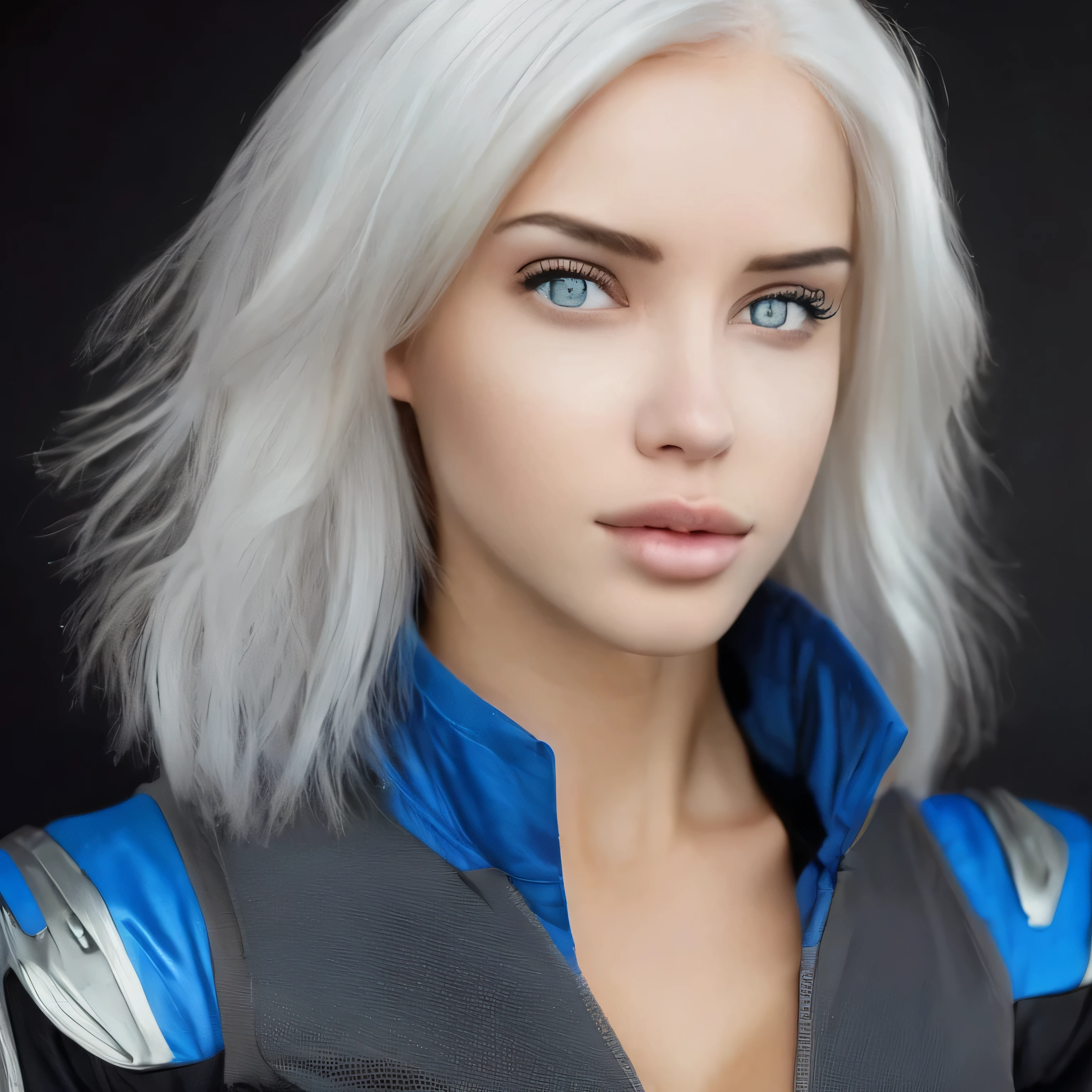 Woman with ,golden white hair,Blue eyes,,,black spacesuit