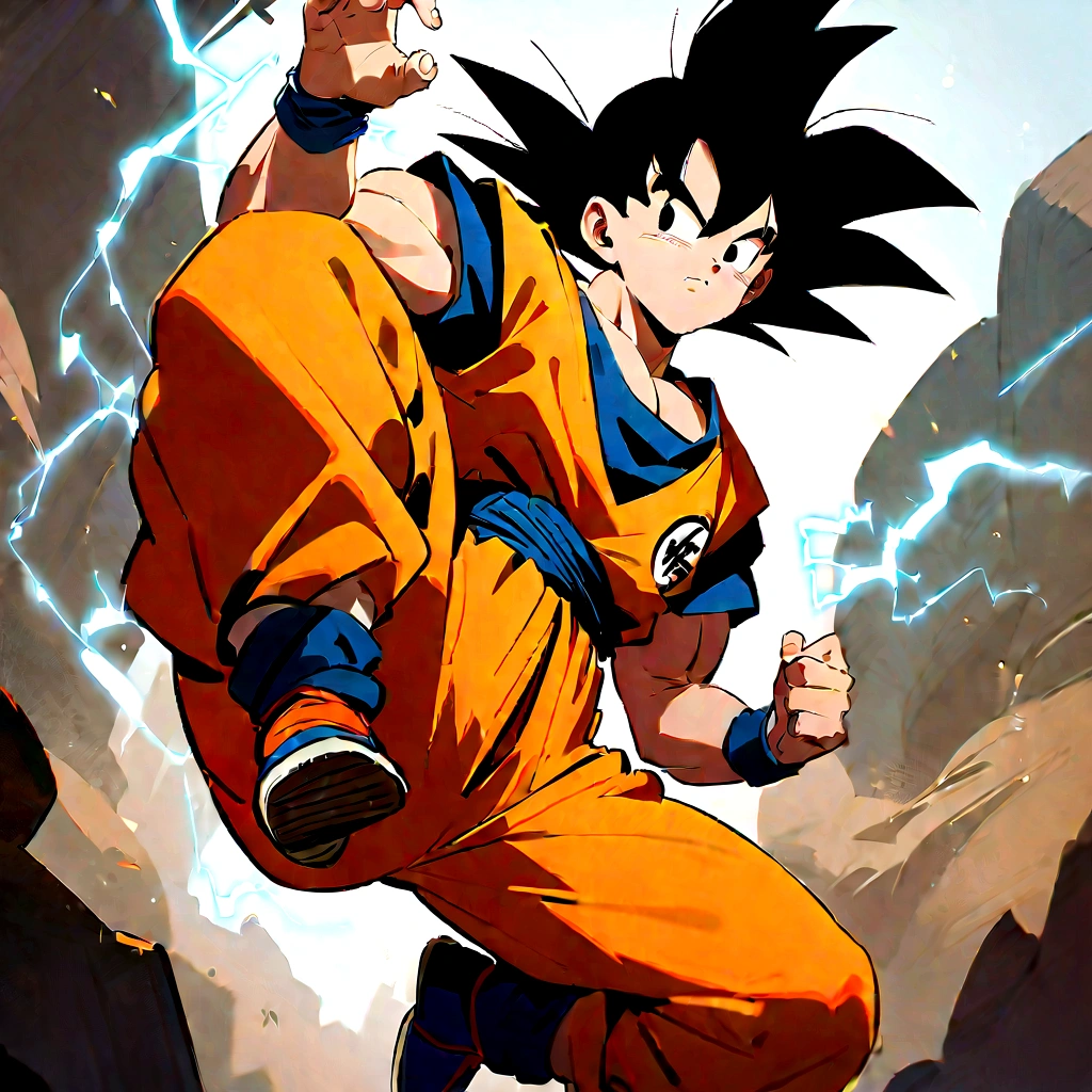 1male, male focus, son Goku, Dragon ball Z super, super sayin, electricity,, Facial features hands and feet are carefully depicted, masterpiece, best quality, very aesthetic, absurdres