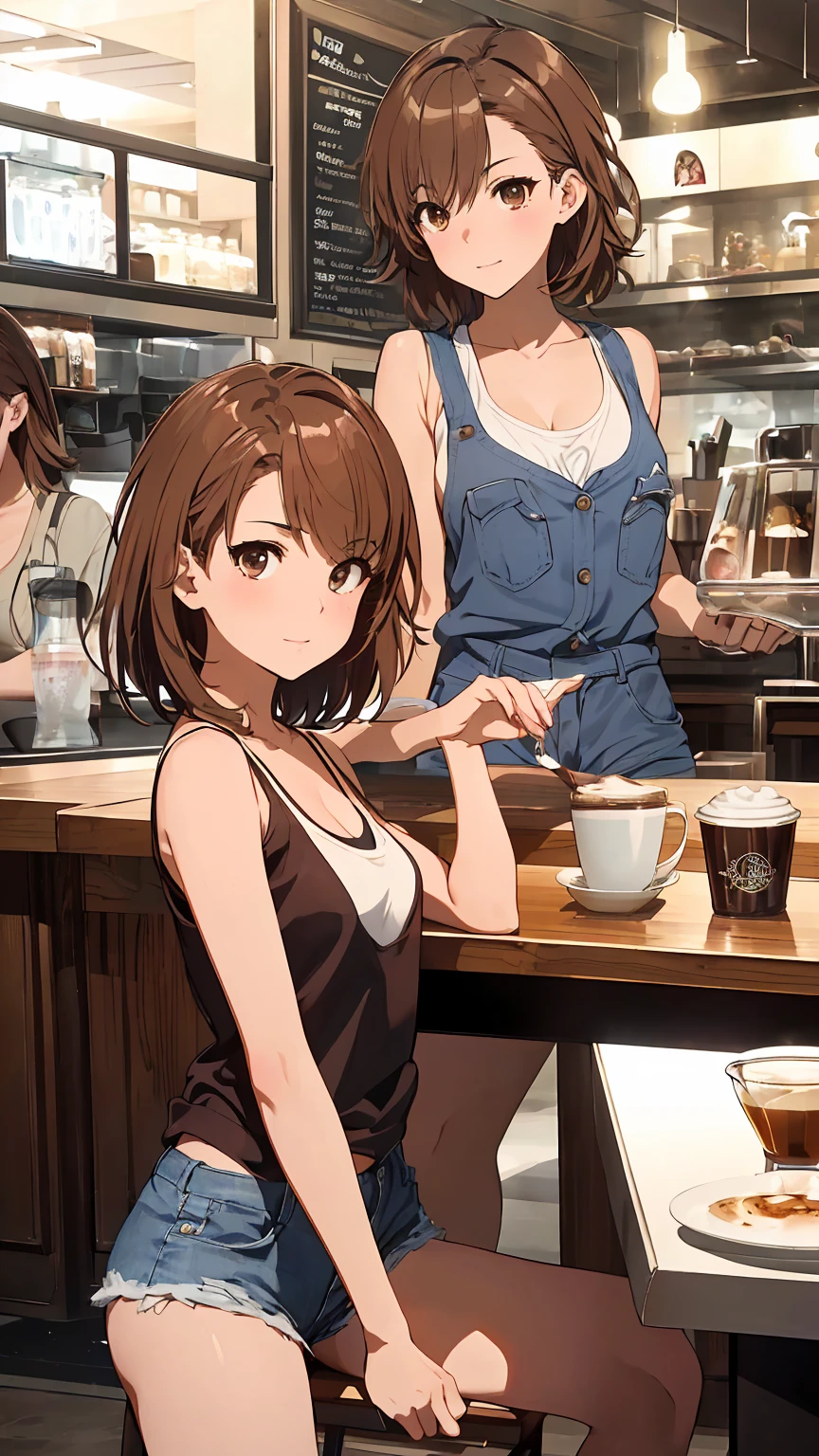 (Highest quality:1.5, High resolution, uhd, 4K, Detailed lighting, Shaderisaka Mikoto　One girl with a perfect figure、Very narrow face and eyes、Brown eyes　Brown Hair　short hair、Tank top:Random color 1pc.2、Short jeans、At the cafe、Coffee on the table、Small breasts 、Exposed cleavage